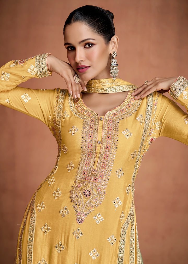 Buy Now Yellow & Green Indian Wedding Wear Palazzo Style Suit Online in US, UK, Canada, Germany, Italy, France, Austria, Australia, UAE & Worldwide at Empress.