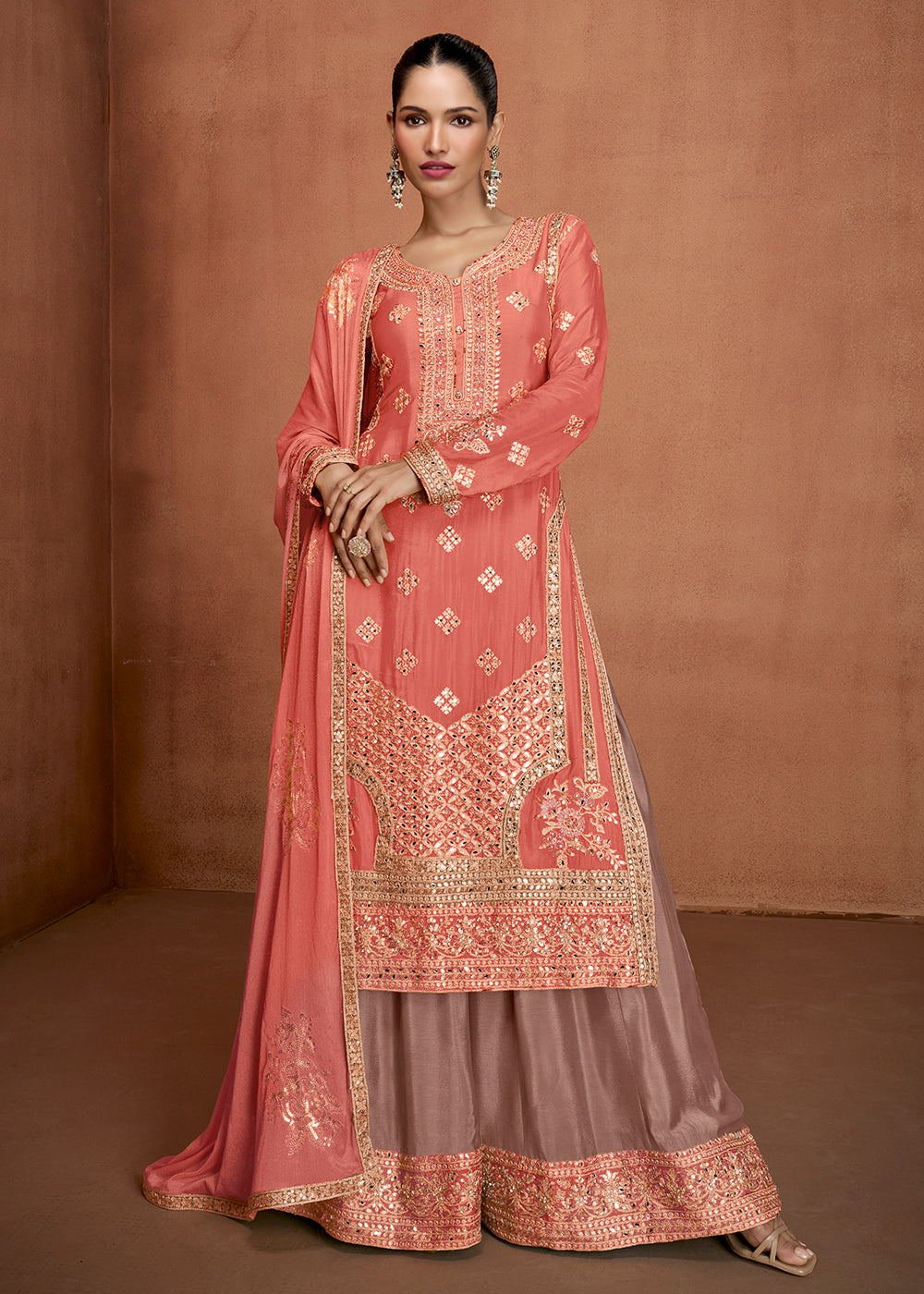 Buy Now Peach & Purple Indian Wedding Wear Palazzo Style Suit Online in US, UK, Canada, Germany, Italy, France, Austria, Australia, UAE & Worldwide at Empress.
