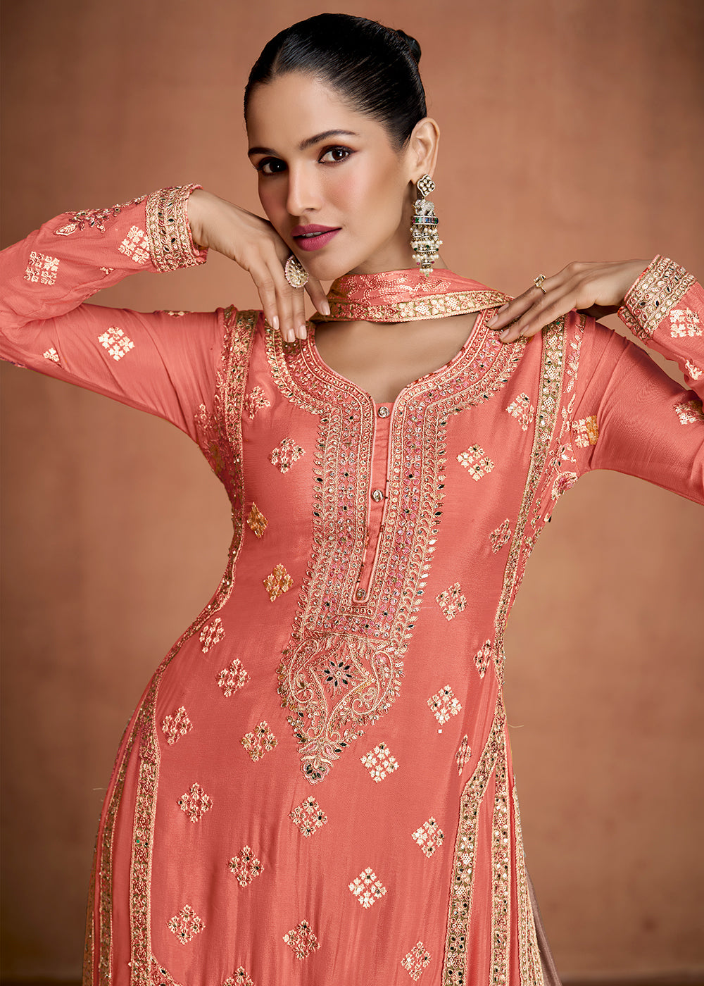 Buy Now Peach & Purple Indian Wedding Wear Palazzo Style Suit Online in US, UK, Canada, Germany, Italy, France, Austria, Australia, UAE & Worldwide at Empress.