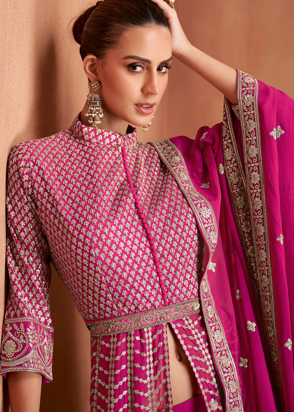 Buy Now Georgette Front Slit Pink Lehenga Skirt Anarkali Online in USA, UK, Sweden, Denmark, Greece, Germany, Canada, Austria, Maldives & Worldwide at Empress.