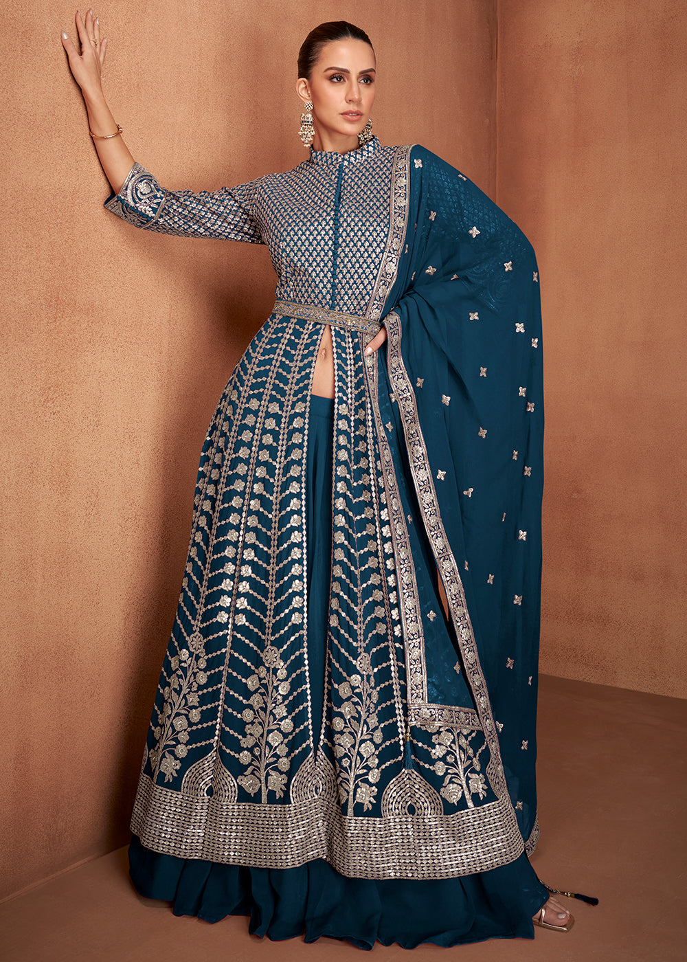 Buy Now Georgette Front Slit Blue Lehenga Skirt Anarkali Online in USA, UK, Sweden, Denmark, Greece, Germany, Canada, Austria, Maldives & Worldwide at Empress.