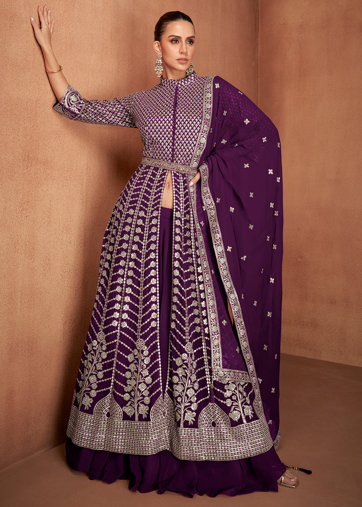 Buy Now Georgette Front Slit Purple Lehenga Skirt Anarkali Online in US, UK, Sweden, Denmark, Greece, Germany, Canada, Austria, Maldives & Worldwide at Empress.