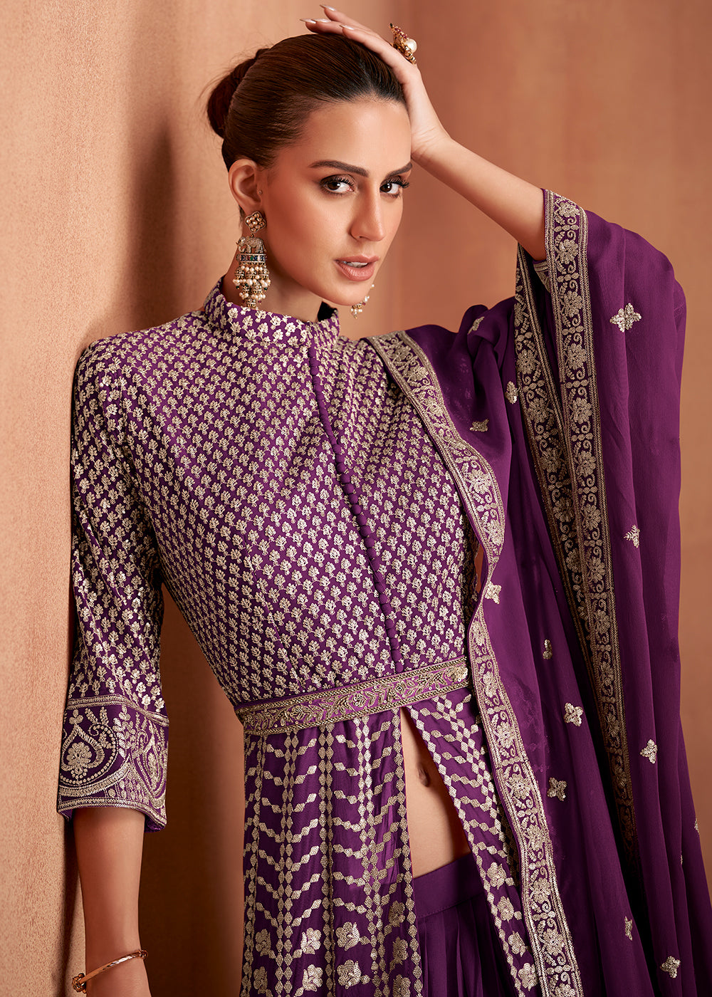 Buy Now Georgette Front Slit Purple Lehenga Skirt Anarkali Online in US, UK, Sweden, Denmark, Greece, Germany, Canada, Austria, Maldives & Worldwide at Empress.