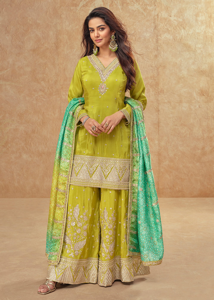 Buy Now Shimmer Silk Green Embroidered Festive Palazzo Style Suit Online in USA, UK, Canada, Germany, Italy, France, UAE & Worldwide at Empress Clothing.