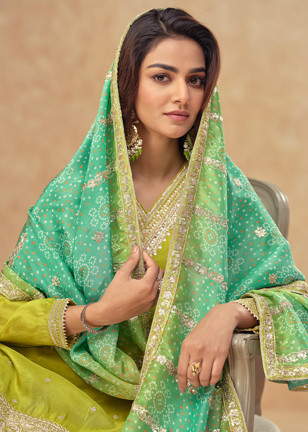 Buy Now Shimmer Silk Green Embroidered Festive Palazzo Style Suit Online in USA, UK, Canada, Germany, Italy, France, UAE & Worldwide at Empress Clothing.