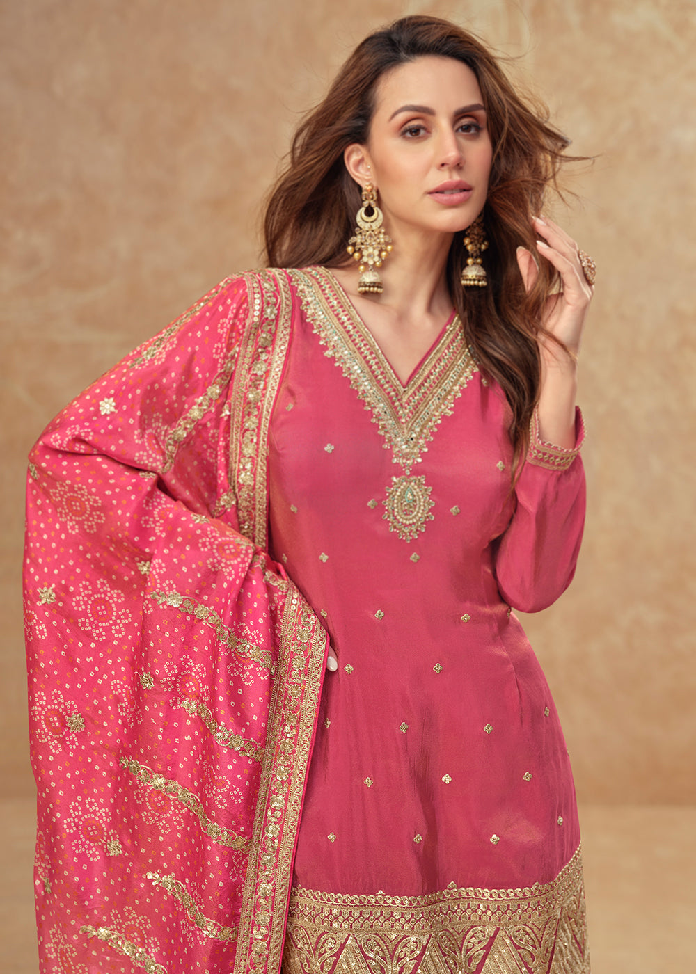 Buy Now Shimmer Silk Pink Embroidered Festive Palazzo Style Suit Online in USA, UK, Canada, Germany, Italy, France, UAE & Worldwide at Empress Clothing.