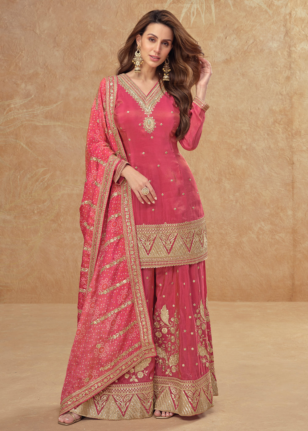 Buy Now Shimmer Silk Pink Embroidered Festive Palazzo Style Suit Online in USA, UK, Canada, Germany, Italy, France, UAE & Worldwide at Empress Clothing.
