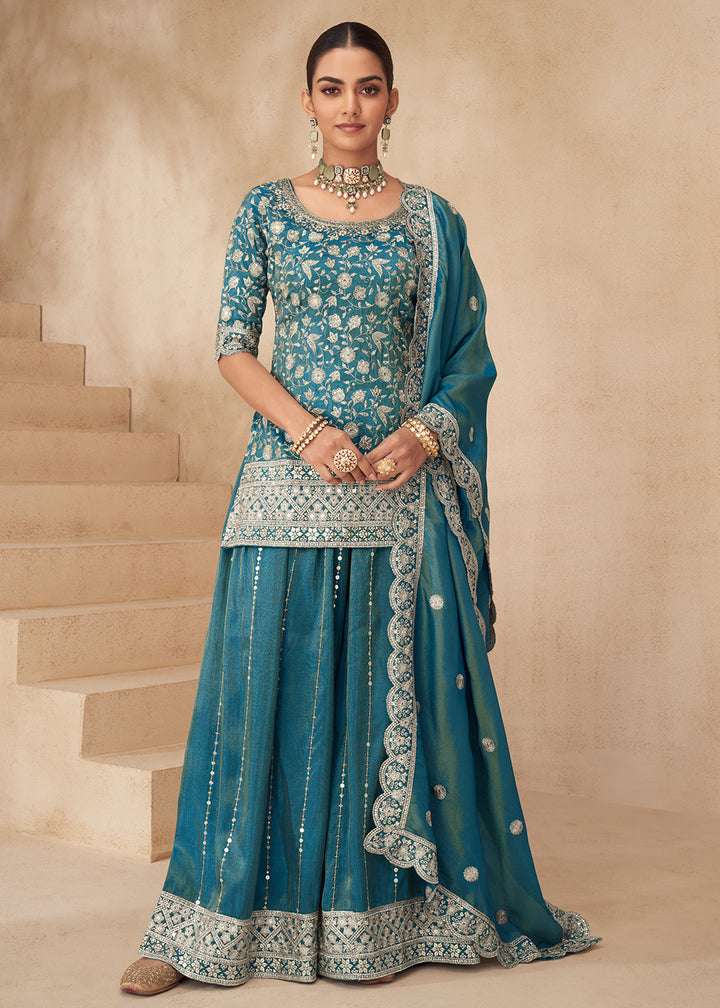 Buy Now Real Shimmer Silk Teal Blue Palazzo Style Suit Online in US, UK, Canada, Germany, Italy, France, Austria, Australia, Denmark, UAE & Worldwide at Empress.