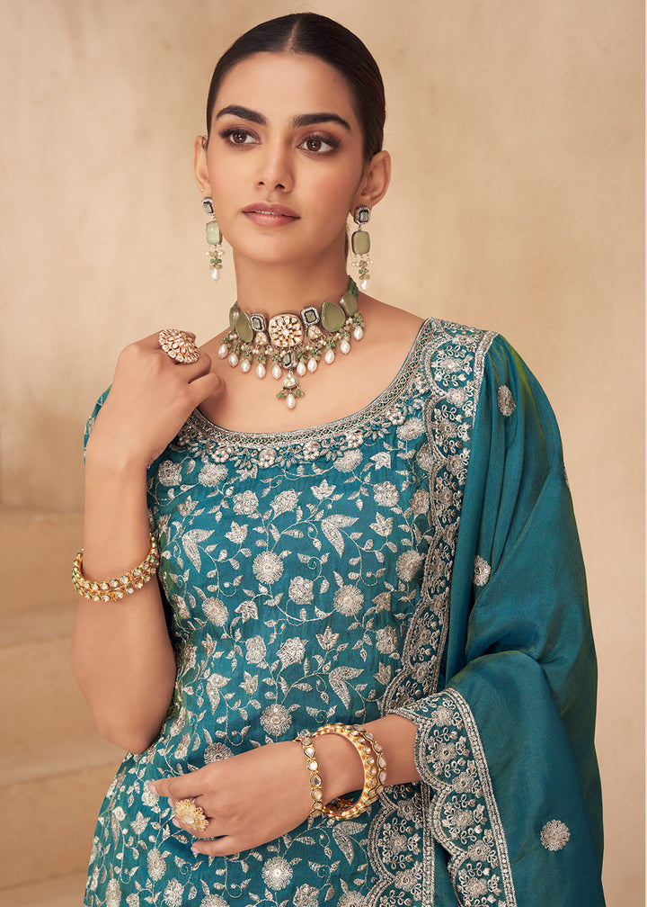 Buy Now Real Shimmer Silk Teal Blue Palazzo Style Suit Online in US, UK, Canada, Germany, Italy, France, Austria, Australia, Denmark, UAE & Worldwide at Empress.