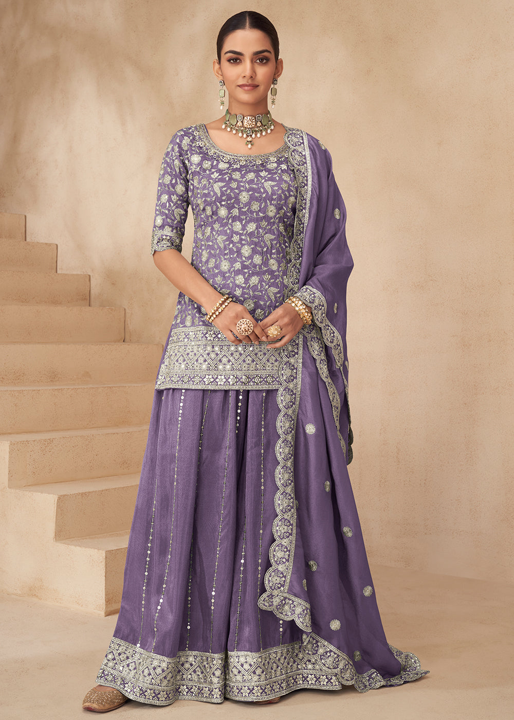 Buy Now Real Shimmer Silk Lilac Palazzo Style Suit Online in US, UK, Canada, Germany, Italy, France, Austria, Australia, Denmark, UAE & Worldwide at Empress