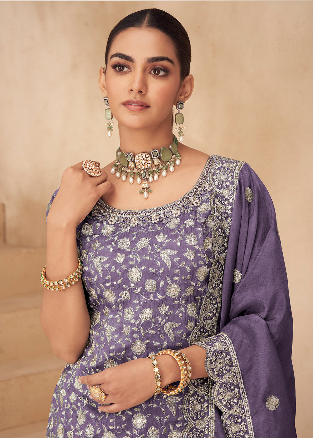 Buy Now Real Shimmer Silk Lilac Palazzo Style Suit Online in US, UK, Canada, Germany, Italy, France, Austria, Australia, Denmark, UAE & Worldwide at Empress