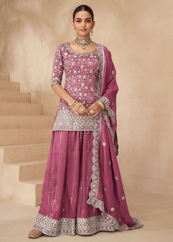 Buy Now Real Shimmer Silk Onion Pink Palazzo Style Suit Online in US, UK, Canada, Germany, Italy, France, Austria, Australia, Denmark, UAE & Worldwide at Empress