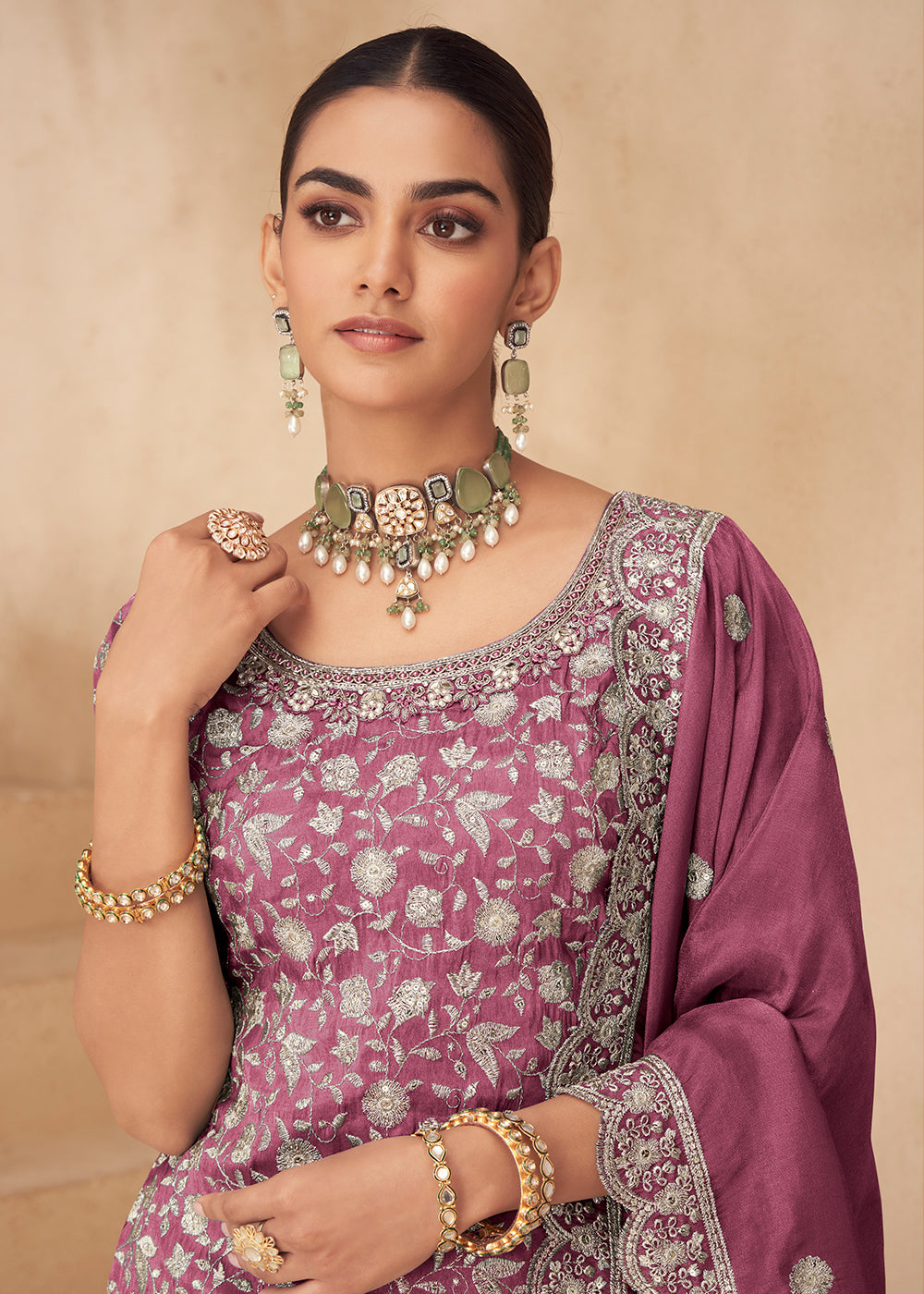 Buy Now Real Shimmer Silk Onion Pink Palazzo Style Suit Online in US, UK, Canada, Germany, Italy, France, Austria, Australia, Denmark, UAE & Worldwide at Empress