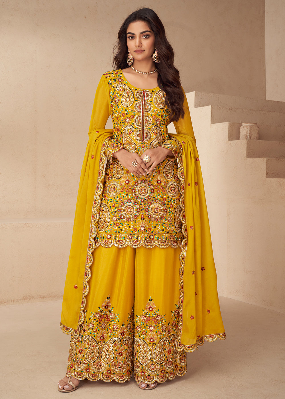 Buy Now Festive Embroidered Yellow Chinnon Silk Palazzo Suit Online in Newark, Yorktown, Toronto, London, Dubai, Orlando, Munich, Chicago & Worldwide at Empress