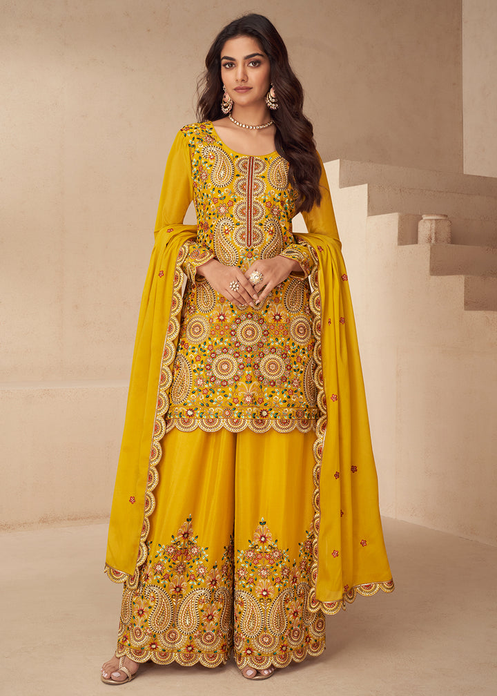 Buy Now Festive Embroidered Yellow Chinnon Silk Palazzo Suit Online in Newark, Yorktown, Toronto, London, Dubai, Orlando, Munich, Chicago & Worldwide at Empress