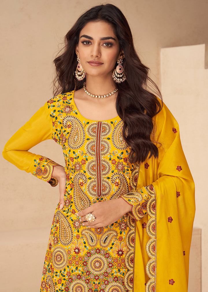 Buy Now Festive Embroidered Yellow Chinnon Silk Palazzo Suit Online in Newark, Yorktown, Toronto, London, Dubai, Orlando, Munich, Chicago & Worldwide at Empress