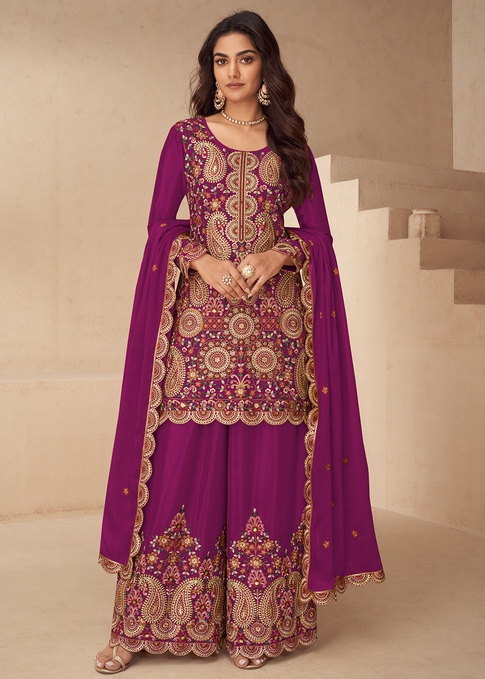 Buy Now Festive Embroidered Burgundy Chinnon Silk Palazzo Suit Online in Newark, Yorktown, Toronto, London, Orlando, Munich, Chicago & Worldwide at Empress.