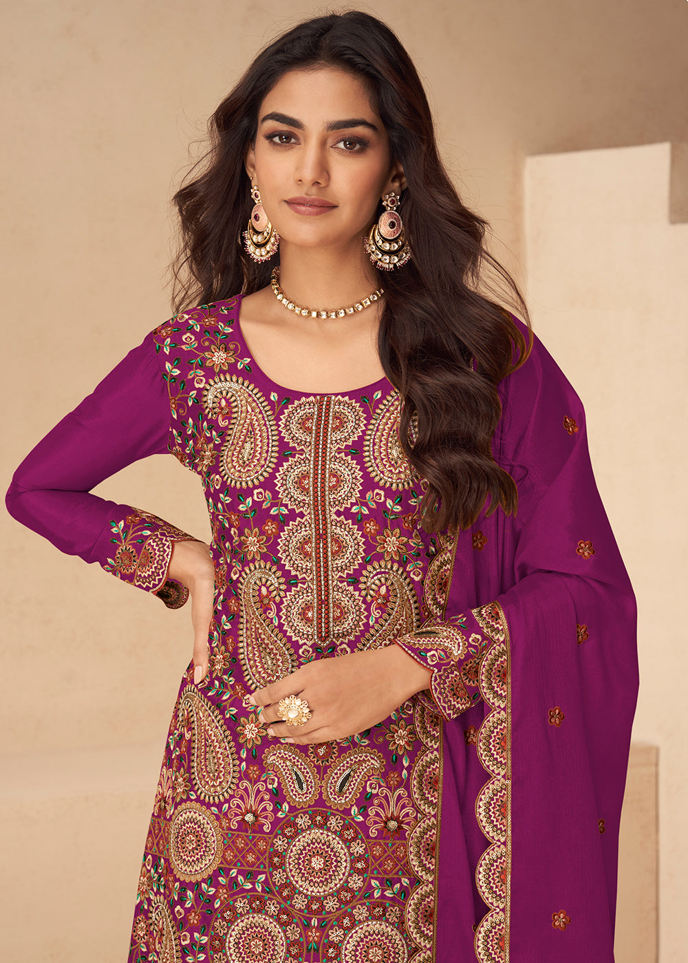 Buy Now Festive Embroidered Burgundy Chinnon Silk Palazzo Suit Online in Newark, Yorktown, Toronto, London, Orlando, Munich, Chicago & Worldwide at Empress.