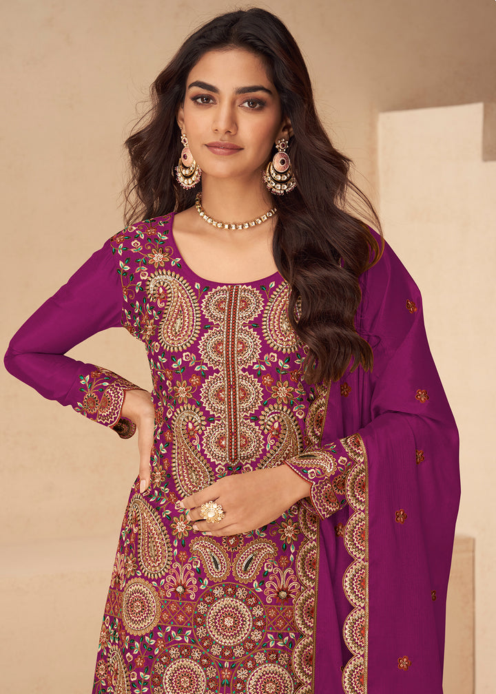 Buy Now Festive Embroidered Burgundy Chinnon Silk Palazzo Suit Online in Newark, Yorktown, Toronto, London, Orlando, Munich, Chicago & Worldwide at Empress.