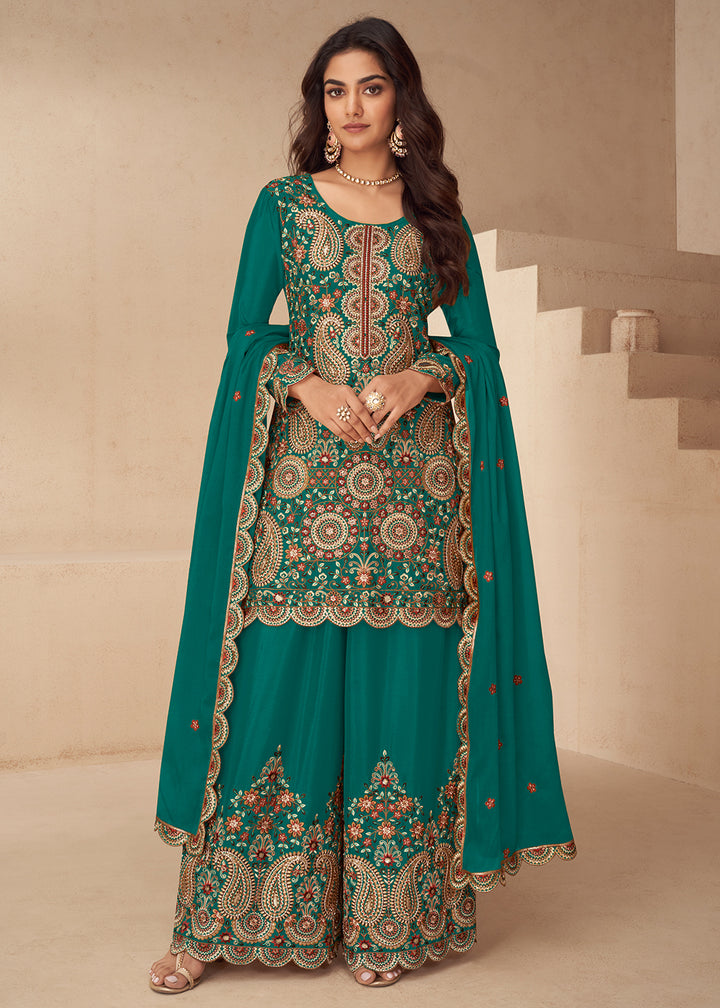 Buy Now Festive Embroidered Green Chinnon Silk Palazzo Suit Online in Newark, Yorktown, Toronto, London, Orlando, Munich, Chicago, Dubai & Worldwide at Empress.