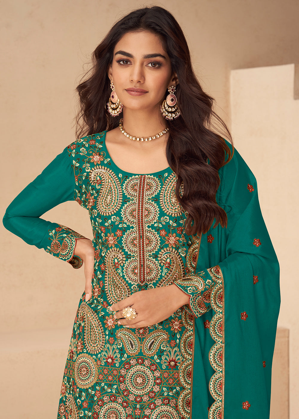 Buy Now Festive Embroidered Green Chinnon Silk Palazzo Suit Online in Newark, Yorktown, Toronto, London, Orlando, Munich, Chicago, Dubai & Worldwide at Empress.