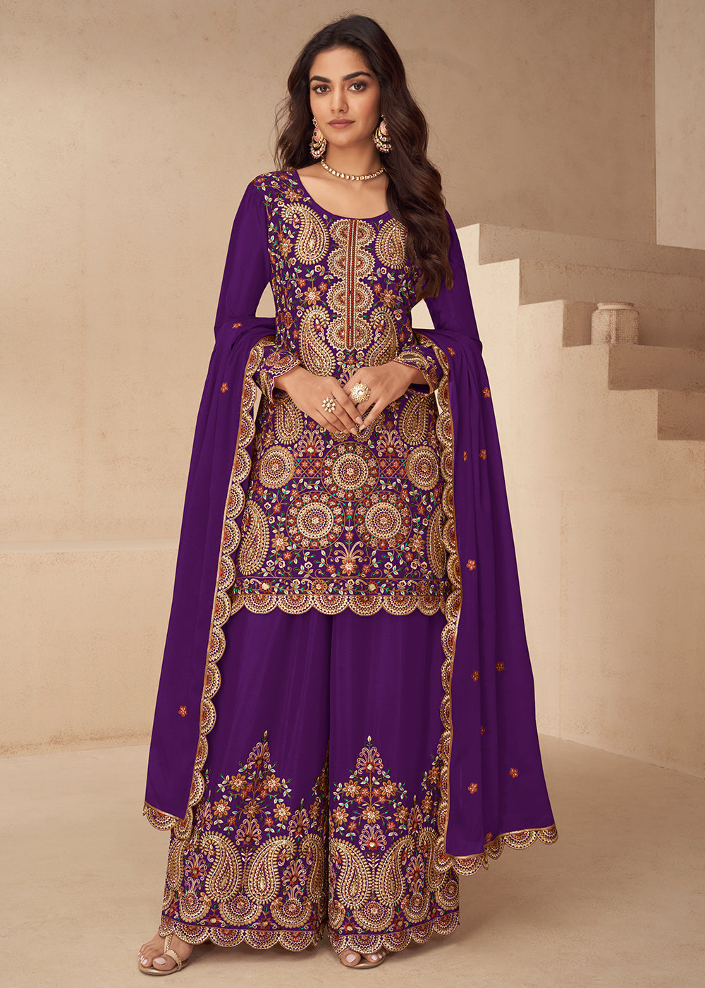 Buy Now Festive Embroidered Purple Chinnon Silk Palazzo Suit Online in Newark, Yorktown, Toronto, London, Orlando, Munich, Chicago, Dubai & Worldwide at Empress