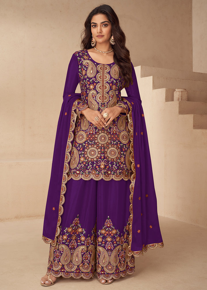 Buy Now Festive Embroidered Purple Chinnon Silk Palazzo Suit Online in Newark, Yorktown, Toronto, London, Orlando, Munich, Chicago, Dubai & Worldwide at Empress