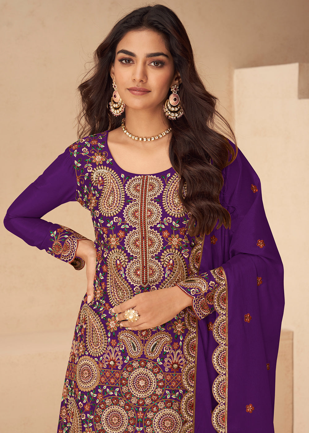 Buy Now Festive Embroidered Purple Chinnon Silk Palazzo Suit Online in Newark, Yorktown, Toronto, London, Orlando, Munich, Chicago, Dubai & Worldwide at Empress