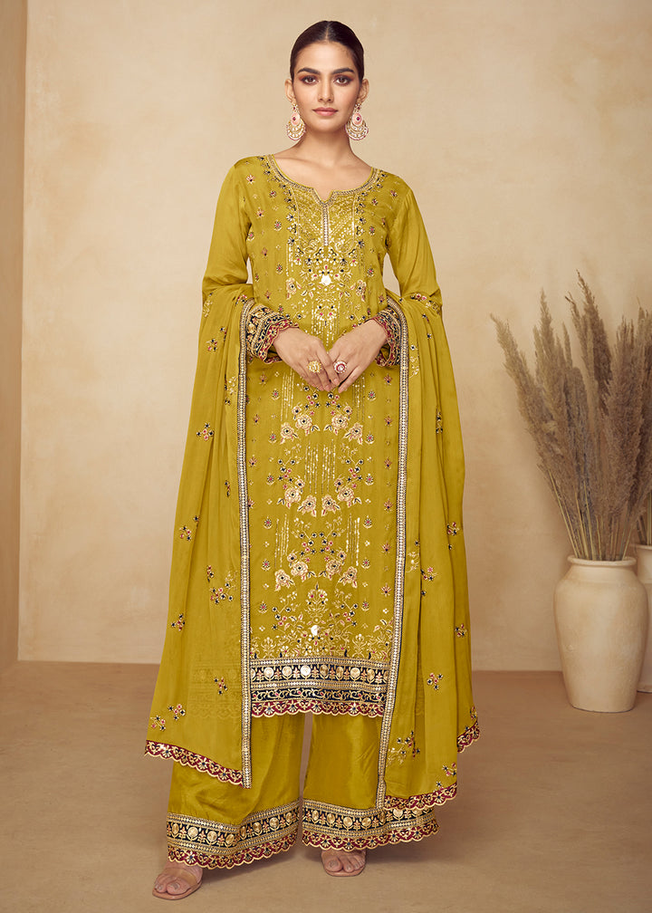 Buy Now Chinnon Yellow Hand Embroidered Festive Palazzo Suit Online in US, UK, Canada, Germany, Italy, France, Austria, Netherlands, UAE & Worldwide at Empress.