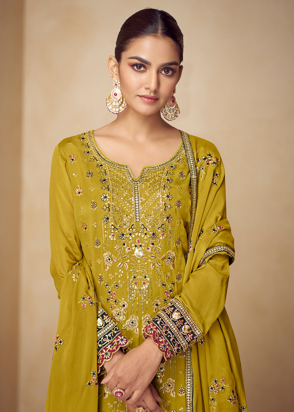 Buy Now Chinnon Yellow Hand Embroidered Festive Palazzo Suit Online in US, UK, Canada, Germany, Italy, France, Austria, Netherlands, UAE & Worldwide at Empress.