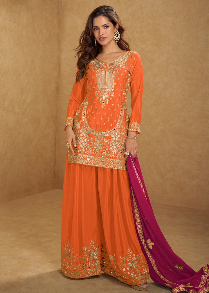 Buy Now Orange Short Top Style Chinnon Sangeet Palazzo Suit Suit Online in US, UK, Canada, Germany, Italy, France, Austria, Denmark, UAE & Worldwide at Empress.