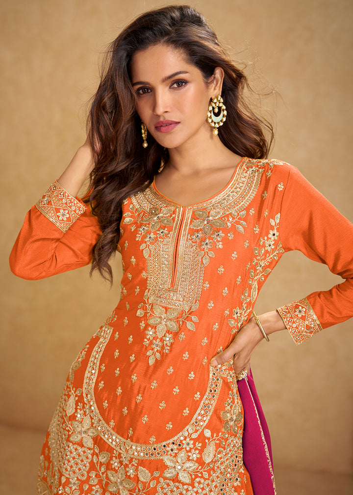 Buy Now Orange Short Top Style Chinnon Sangeet Palazzo Suit Suit Online in US, UK, Canada, Germany, Italy, France, Austria, Denmark, UAE & Worldwide at Empress.