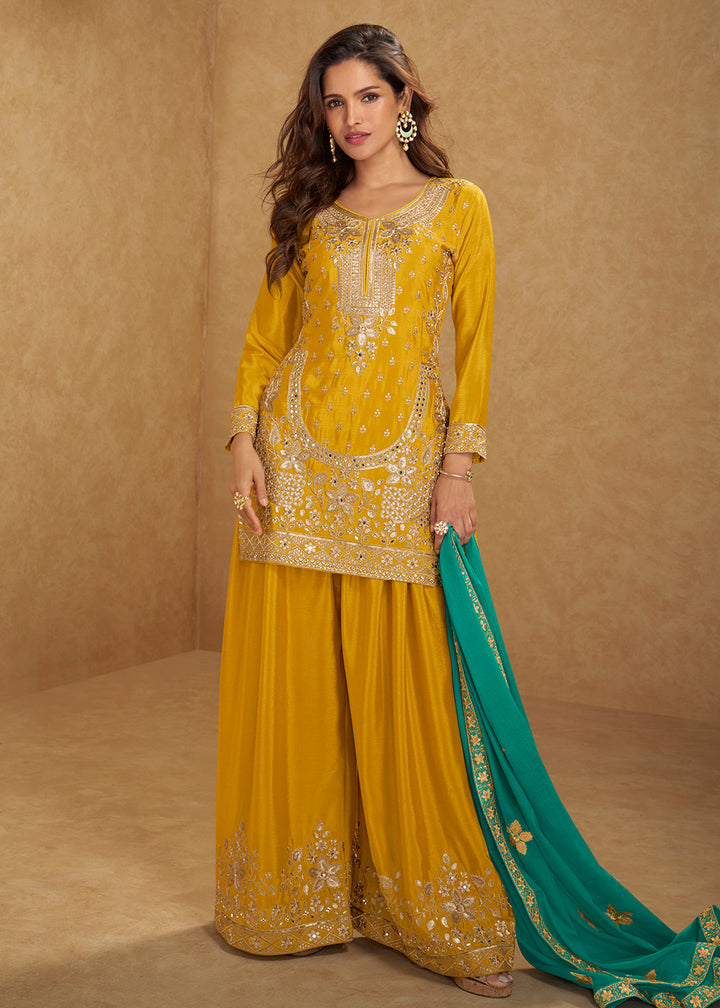 Buy Now Yellow Short Top Style Chinnon Haldi Palazzo Suit Suit Online in US, UK, Canada, Germany, Italy, France, Austria, Denmark, UAE & Worldwide at Empress.