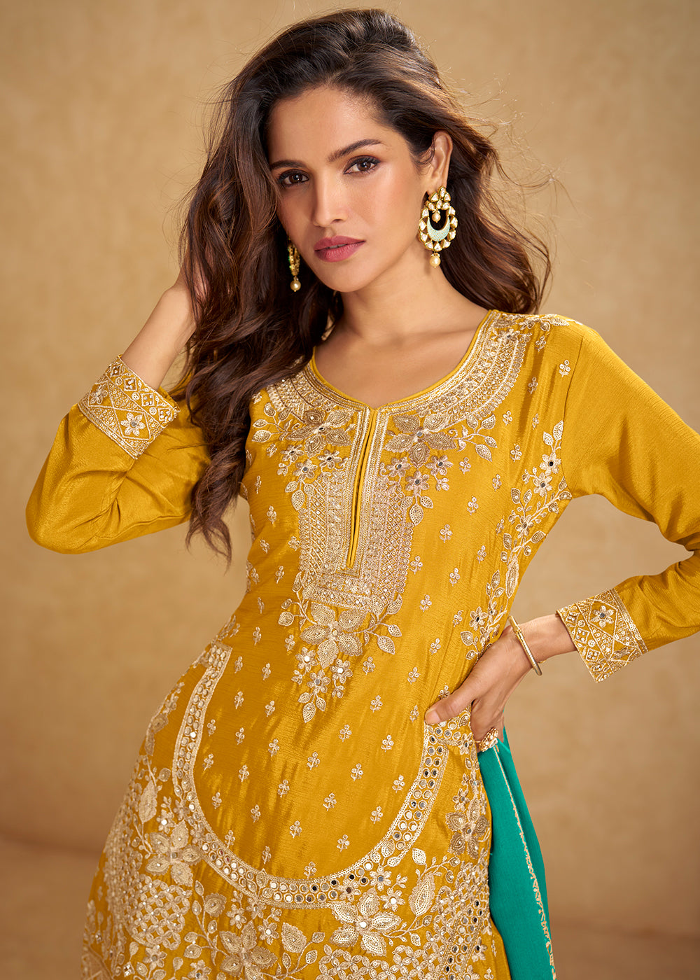 Buy Now Yellow Short Top Style Chinnon Haldi Palazzo Suit Suit Online in US, UK, Canada, Germany, Italy, France, Austria, Denmark, UAE & Worldwide at Empress.