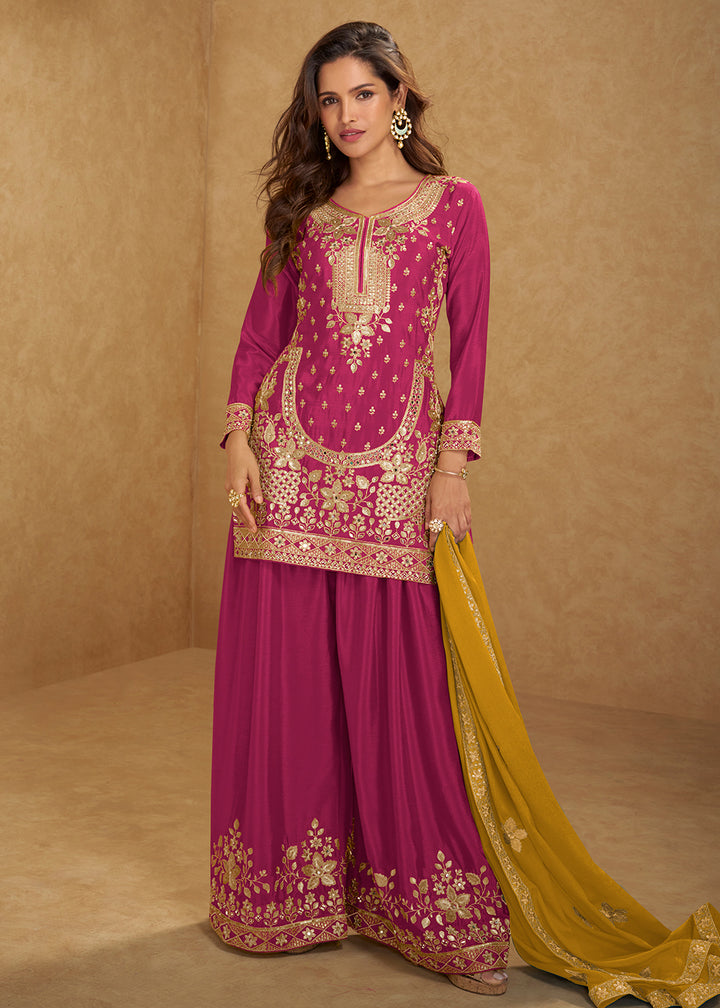 Buy Now Pink Short Top Style Chinnon Sangeet Palazzo Suit Suit Online in US, UK, Canada, Germany, Italy, France, Austria, Denmark, UAE & Worldwide at Empress.