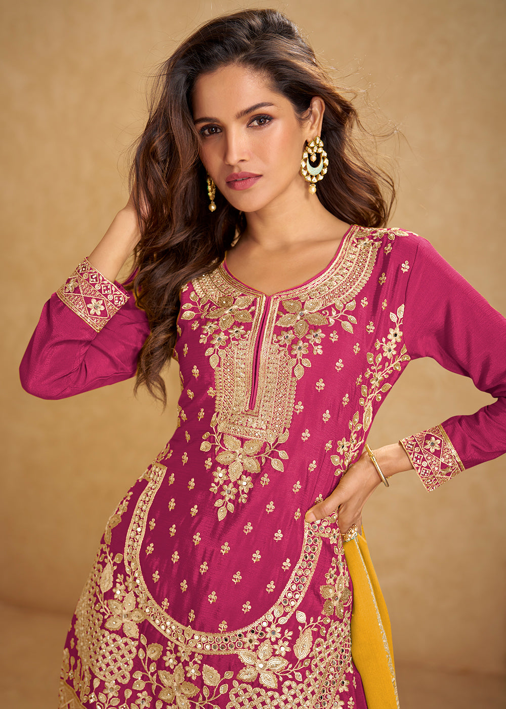 Buy Now Pink Short Top Style Chinnon Sangeet Palazzo Suit Suit Online in US, UK, Canada, Germany, Italy, France, Austria, Denmark, UAE & Worldwide at Empress.