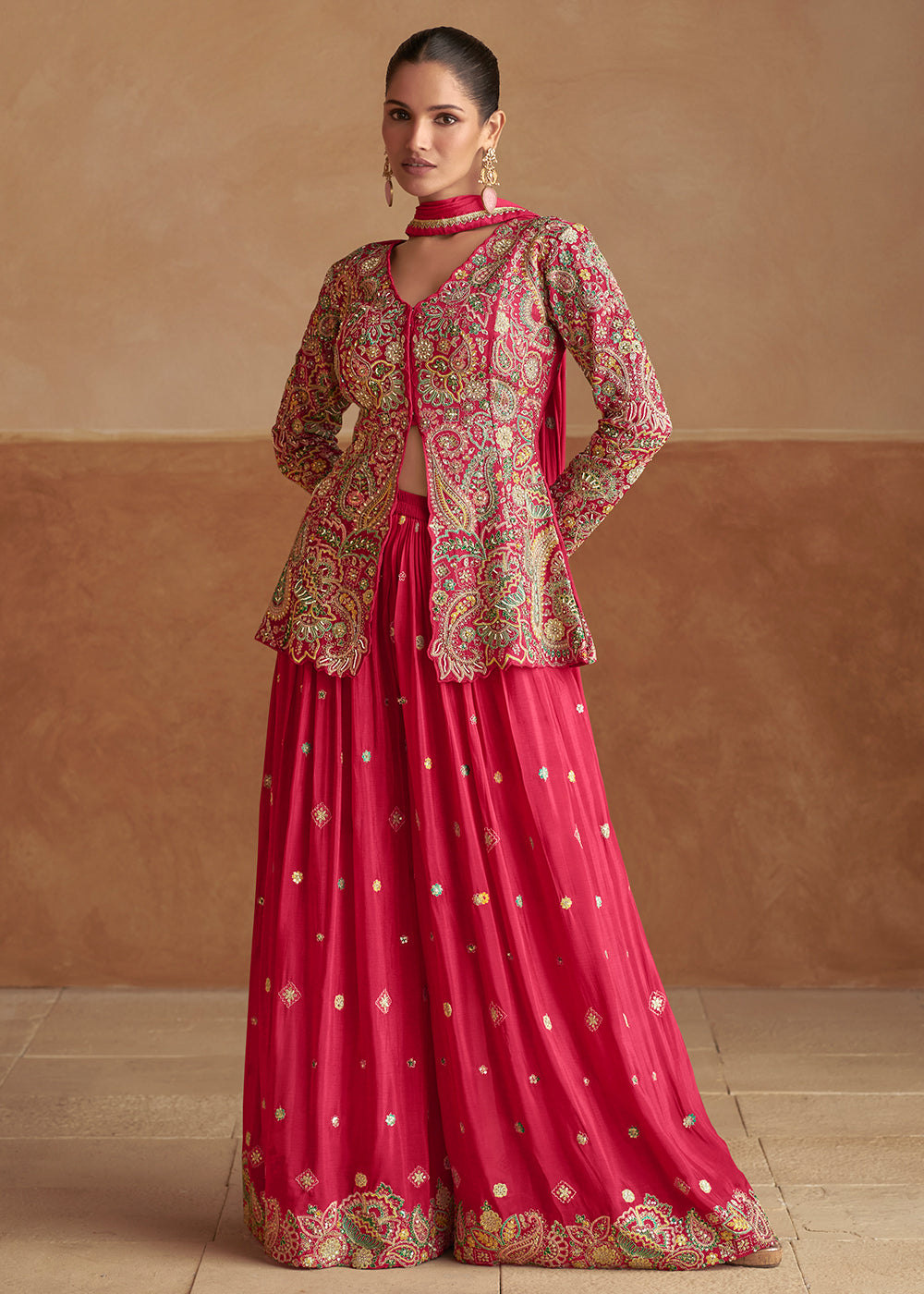 Buy Now Slit Kurti Style Rani Pink Palazzo Style Dress Online in US, UK, Canada, Germany, Italy, France, Austria, Australia, Singapore & Worldwide at Empress.