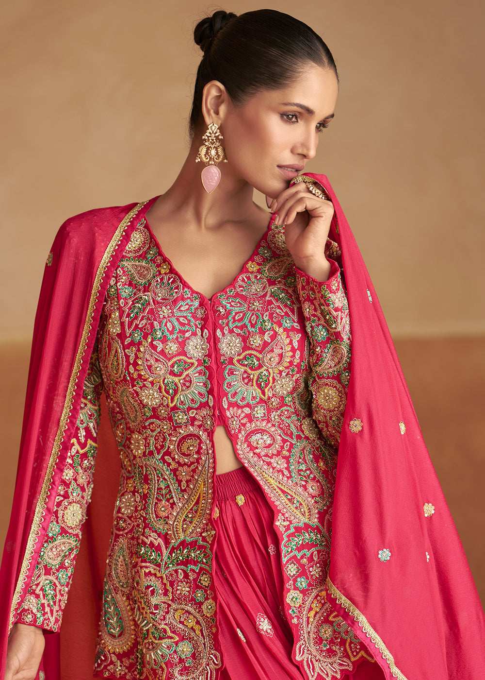 Buy Now Slit Kurti Style Rani Pink Palazzo Style Dress Online in US, UK, Canada, Germany, Italy, France, Austria, Australia, Singapore & Worldwide at Empress.