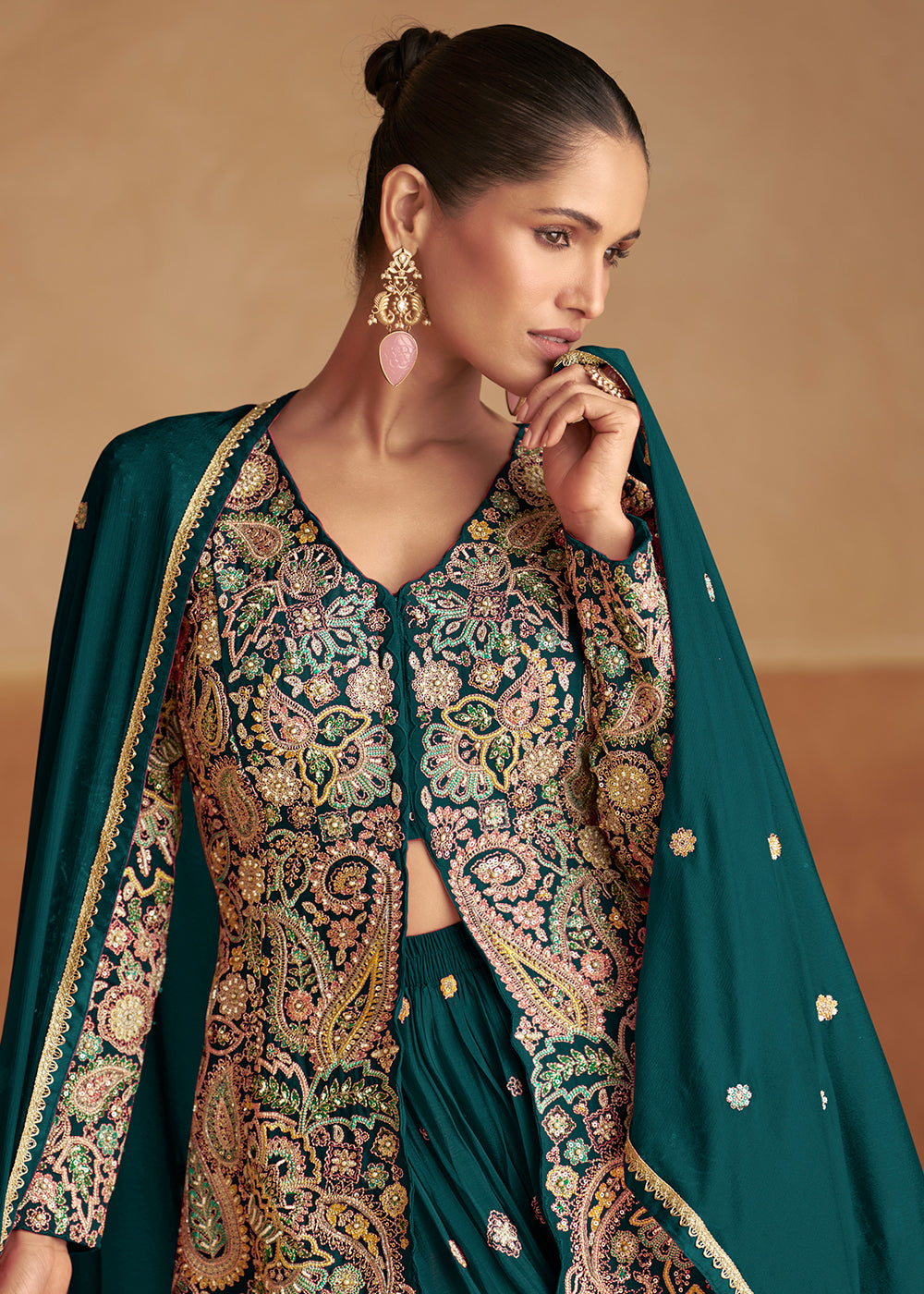 Buy Now Slit Kurti Style Teal Green Palazzo Style Dress Online in US, UK, Canada, Germany, Italy, France, Austria, Australia, Singapore & Worldwide at Empress.