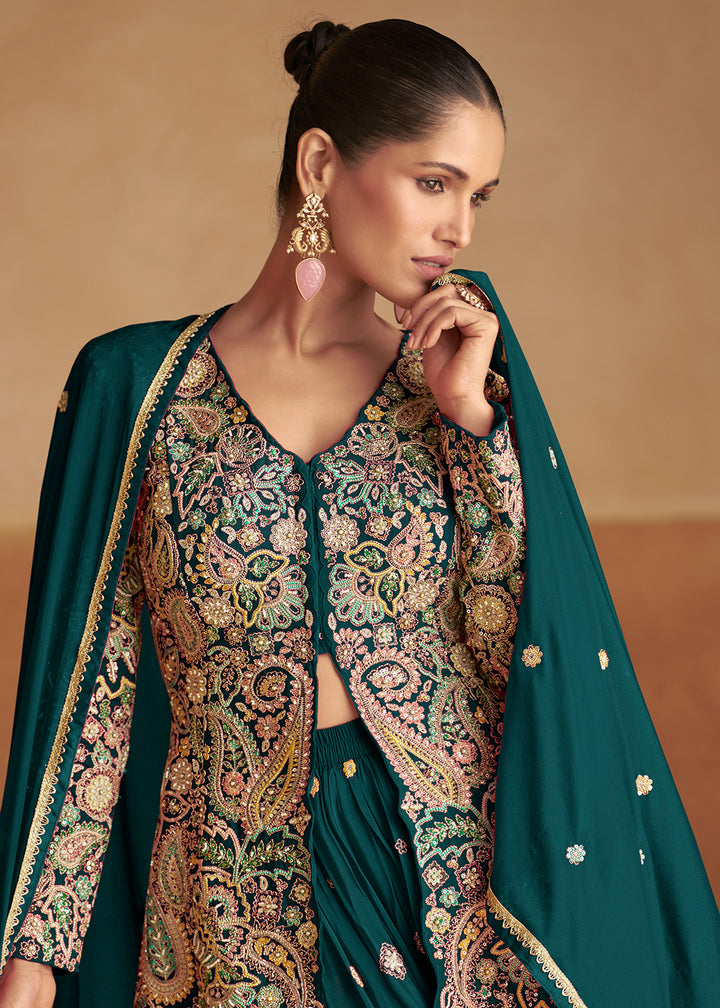 Buy Now Slit Kurti Style Teal Green Palazzo Style Dress Online in US, UK, Canada, Germany, Italy, France, Austria, Australia, Singapore & Worldwide at Empress.