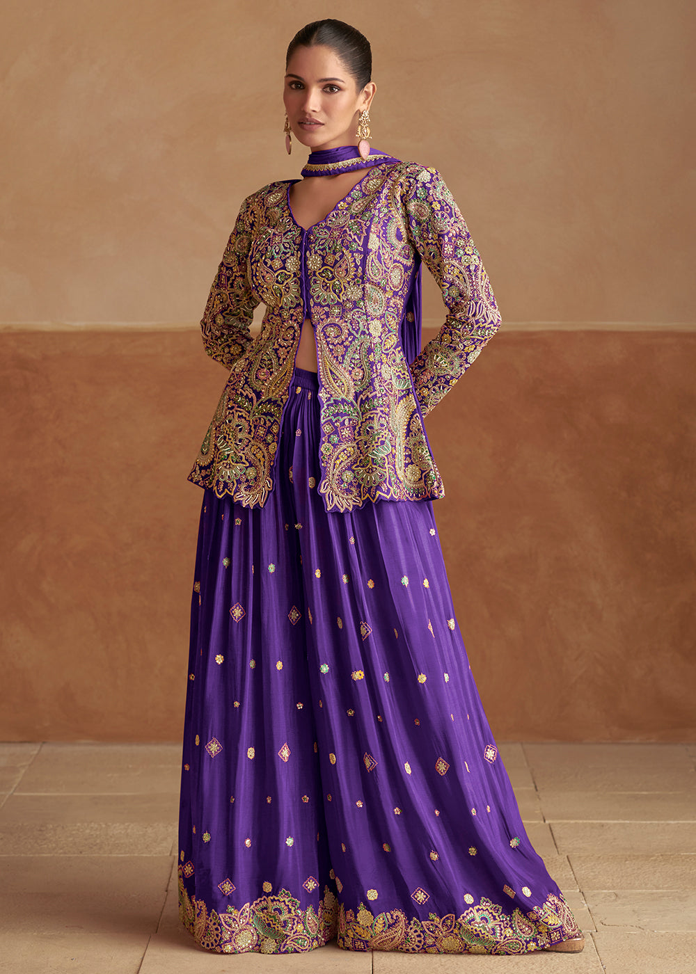 Buy Now Slit Kurti Style Violet Purple Palazzo Style Dress Online in UK, Canada, Germany, Italy, France, Austria, Australia, Singapore & Worldwide at Empress.