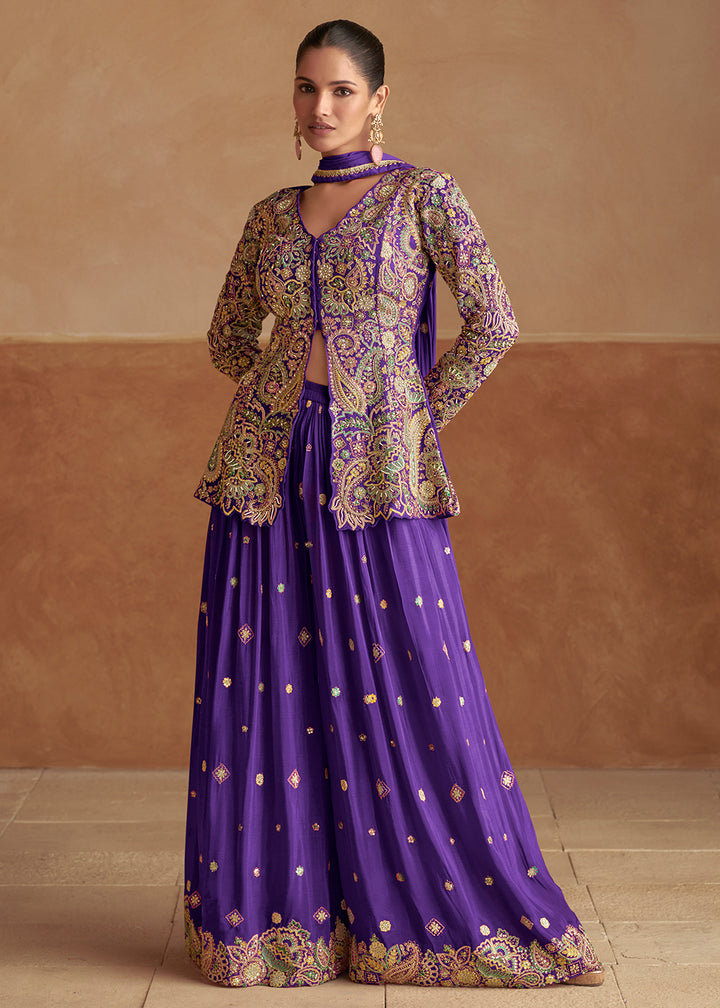 Buy Now Slit Kurti Style Violet Purple Palazzo Style Dress Online in UK, Canada, Germany, Italy, France, Austria, Australia, Singapore & Worldwide at Empress.