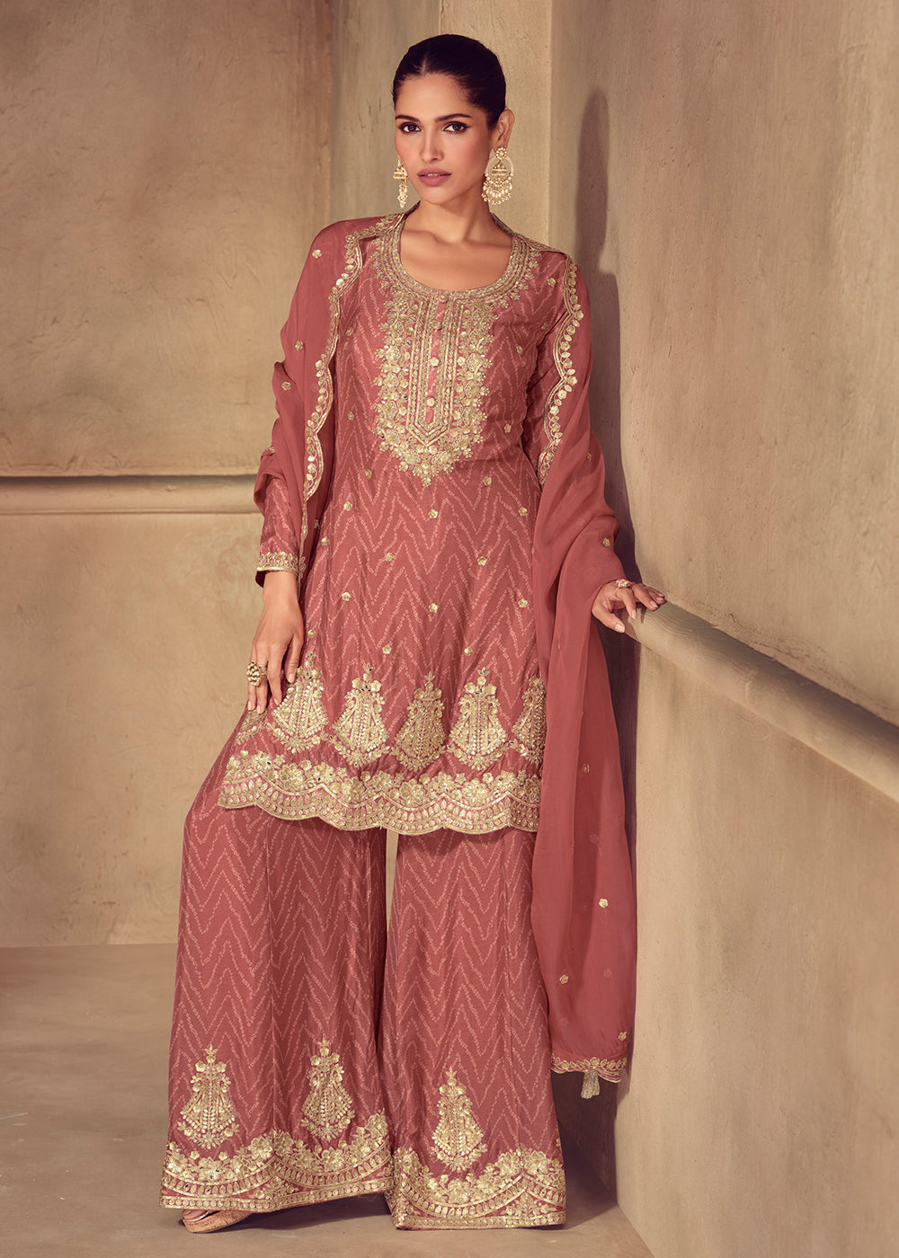 Buy Now Rusty Peach Embroidered & Digital Printed Palazzo Suit Suit Online in USA, UK, Canada, Germany, Italy, France, Denmark & Worldwide at Empress Clothing.
