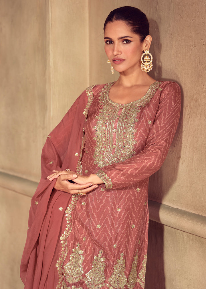 Buy Now Rusty Peach Embroidered & Digital Printed Palazzo Suit Suit Online in USA, UK, Canada, Germany, Italy, France, Denmark & Worldwide at Empress Clothing.