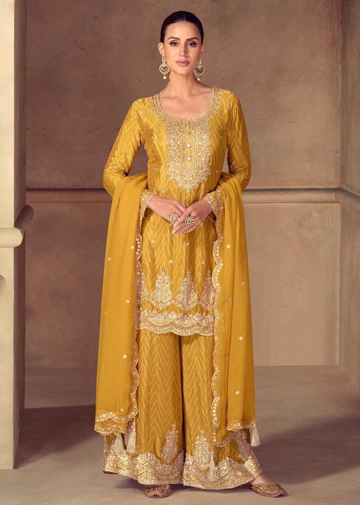 Buy Now Mustard Embroidered & Digital Printed Palazzo Suit Suit Online in USA, UK, Canada, Germany, Italy, France, Denmark, UAE & Worldwide at Empress Clothing.