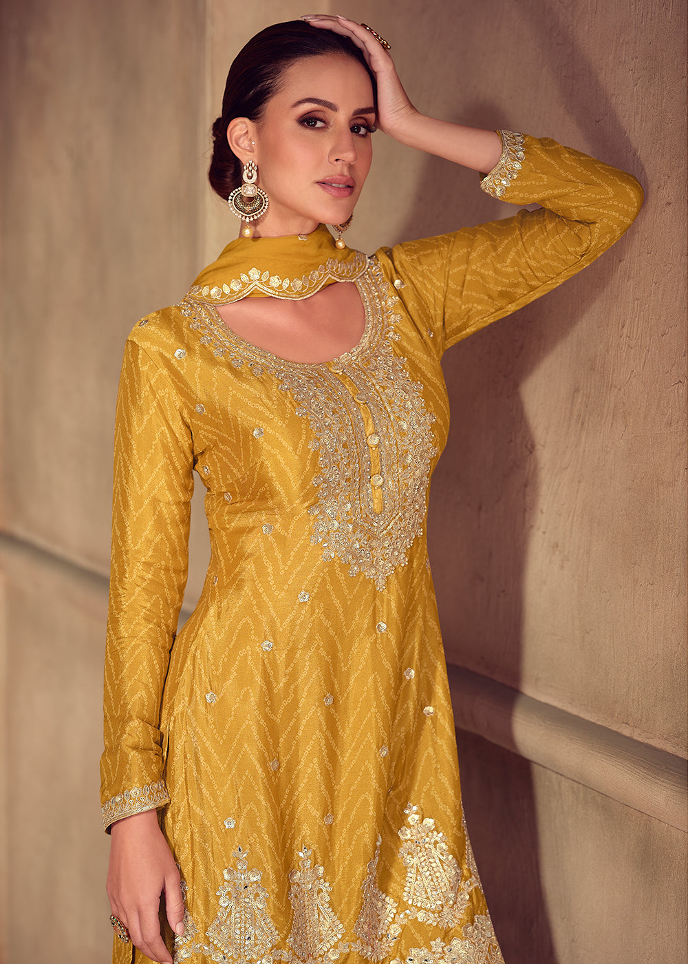 Buy Now Mustard Embroidered & Digital Printed Palazzo Suit Suit Online in USA, UK, Canada, Germany, Italy, France, Denmark, UAE & Worldwide at Empress Clothing.