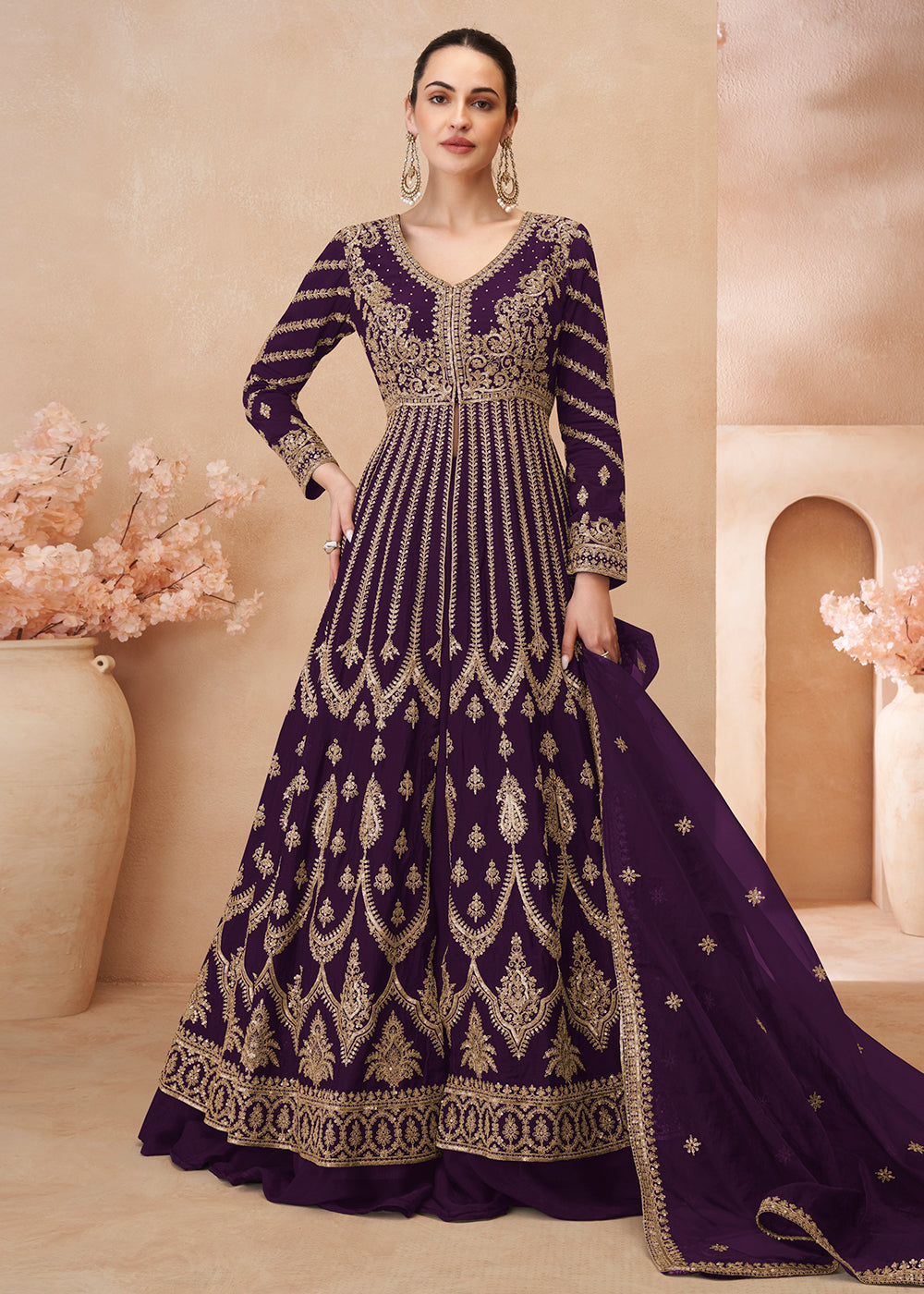 Buy Now Plum Embroidered Slitted Skirt Style Anarkali Suit Online in USA, UK, Australia, Italy, Germany, Canada, France, UAE & Worldwide at Empress Clothing.