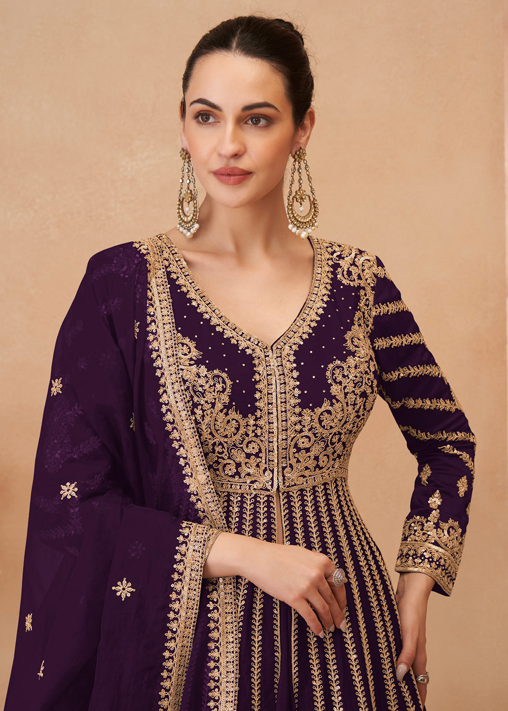 Buy Now Plum Embroidered Slitted Skirt Style Anarkali Suit Online in USA, UK, Australia, Italy, Germany, Canada, France, UAE & Worldwide at Empress Clothing.