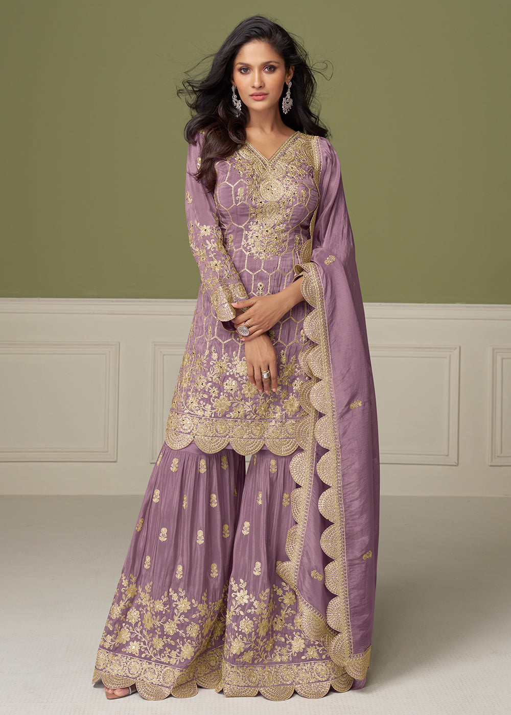 Buy Now Pretty Embroidered Lavender Shimmer Silk Gharara Suit Online in USA, UK, Canada, Germany, Italy, France, Austria, Denmark, UAE & Worldwide at Empress.