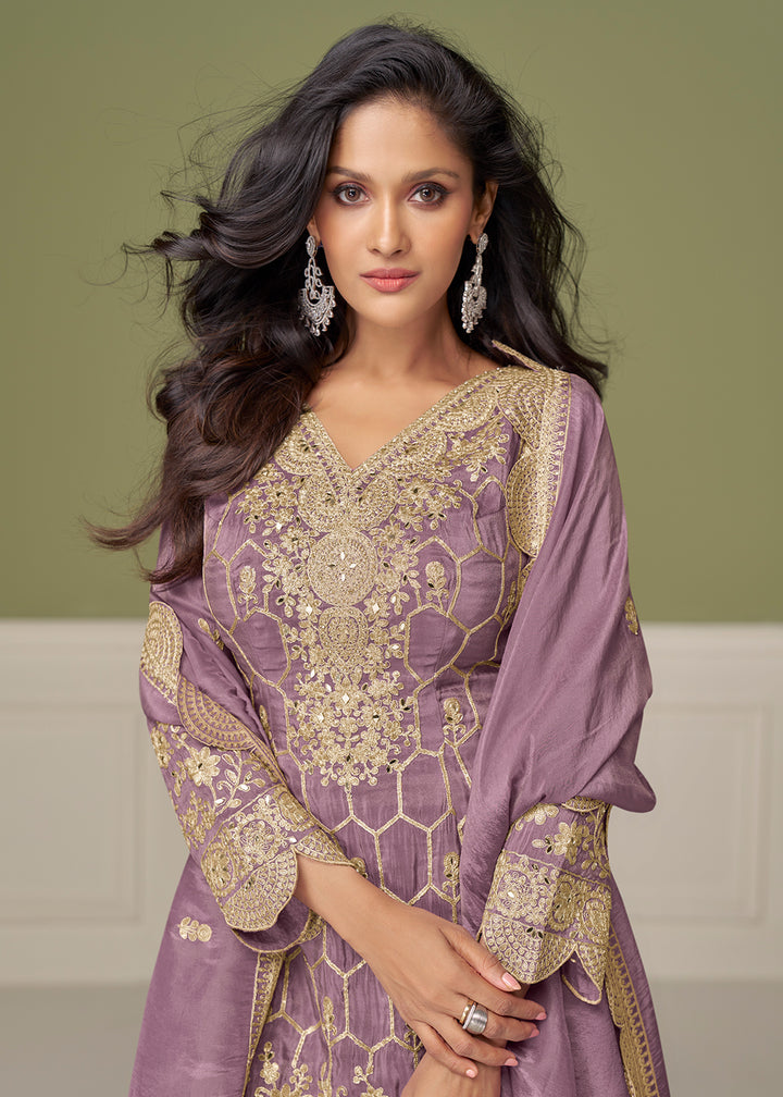 Buy Now Pretty Embroidered Lavender Shimmer Silk Gharara Suit Online in USA, UK, Canada, Germany, Italy, France, Austria, Denmark, UAE & Worldwide at Empress.